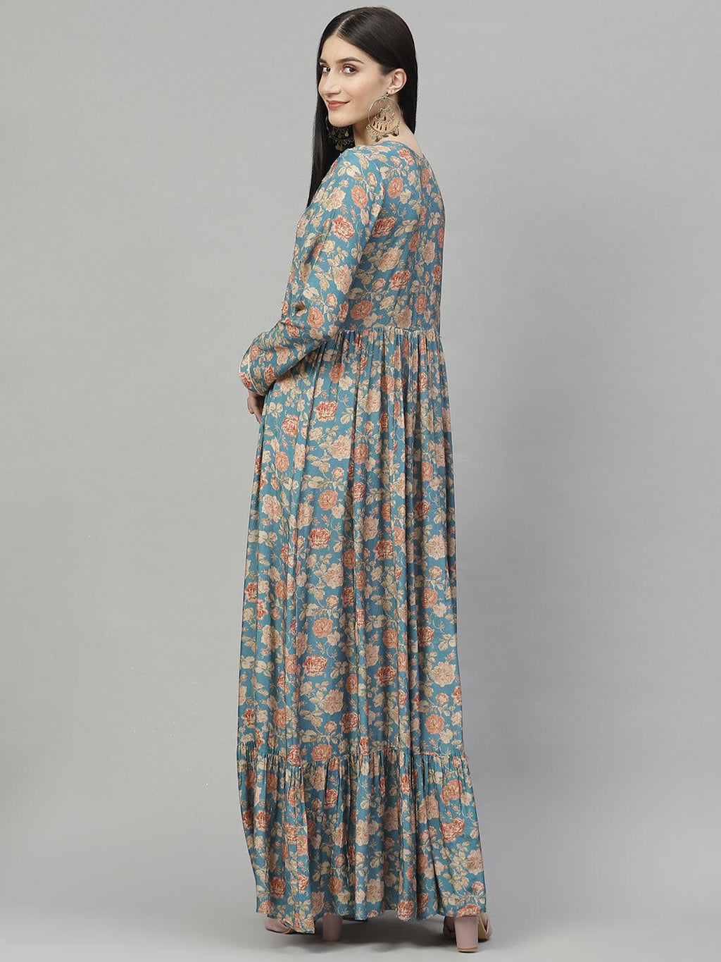 Divena green  Floral Printed Muslin Flared Gown - divenaworld.com