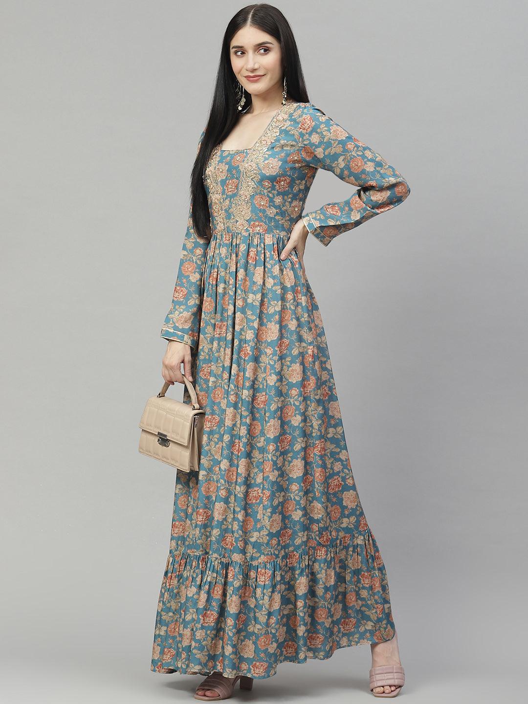 Divena green  Floral Printed Muslin Flared Gown - divenaworld.com
