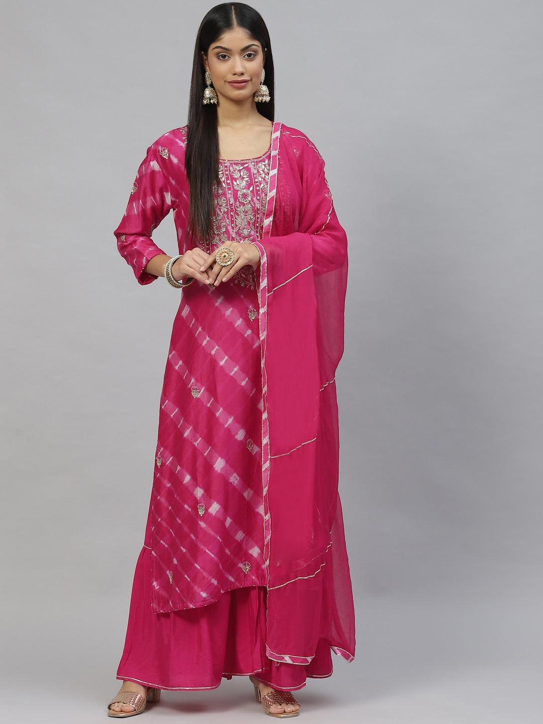 Divena Dark Pink Pure Rassion Chenderi Kurta Sharara Set with Dupatta - divena world
