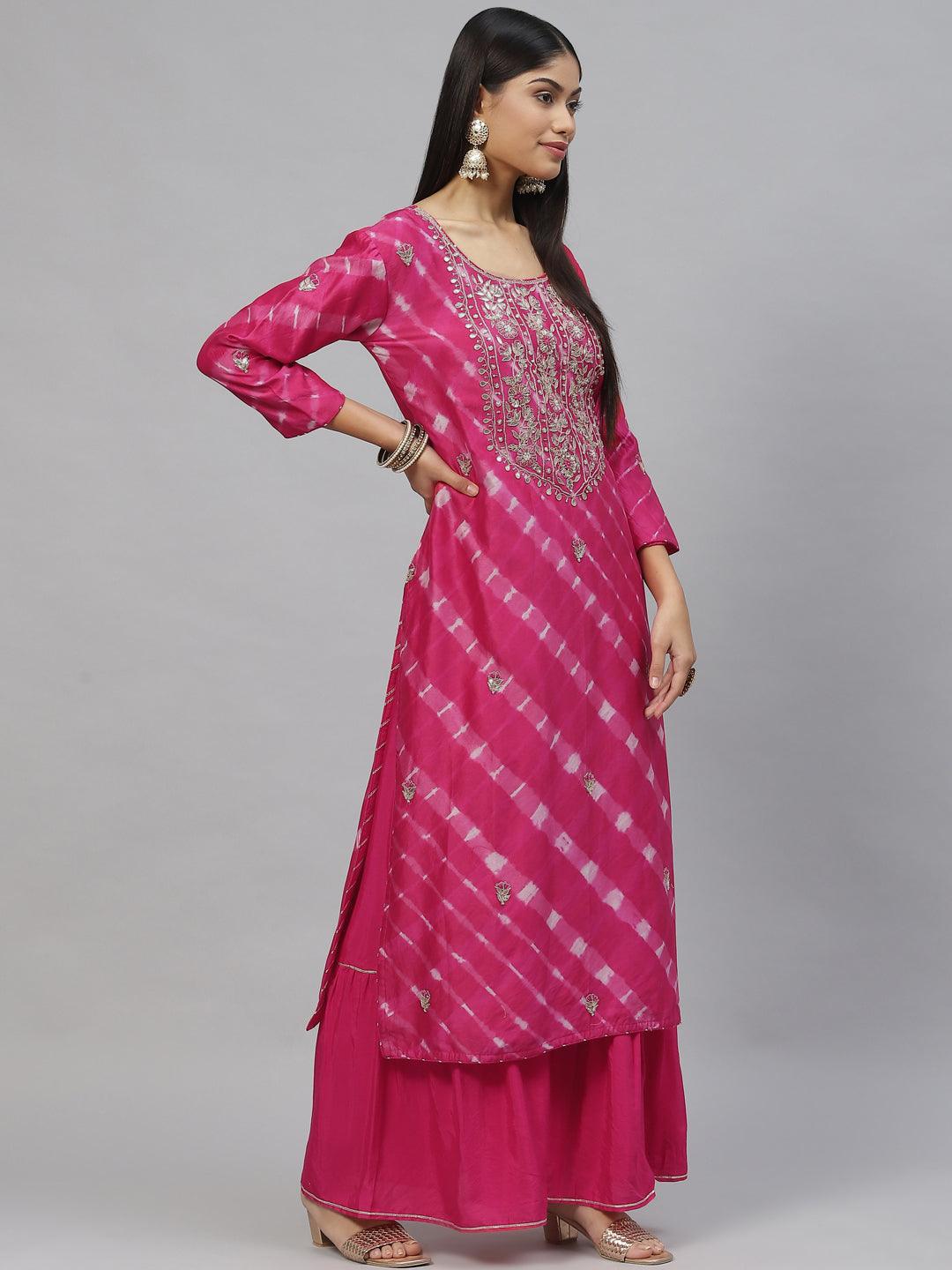 Divena Dark Pink Pure Rassion Chenderi Kurta Sharara Set with Dupatta - divena world