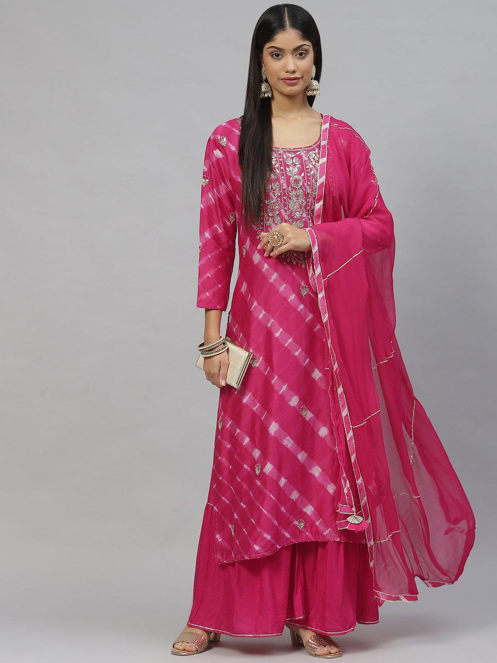 Divena Dark Pink Pure Rassion Chenderi Kurta Sharara Set with Dupatta - divena world