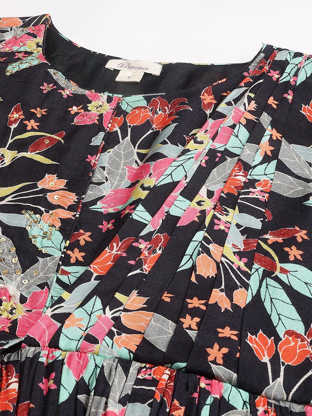 Divena Black Muslin Floral Sequin work with attached Dupatta Flared Gown - divena world