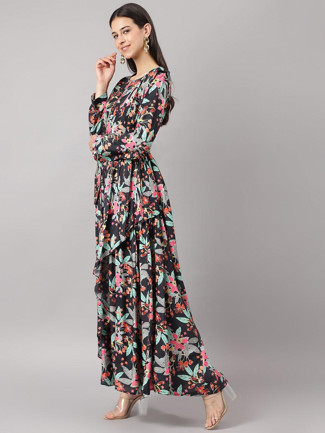 Divena Black Muslin Floral Sequin work with attached Dupatta Flared Gown - divena world