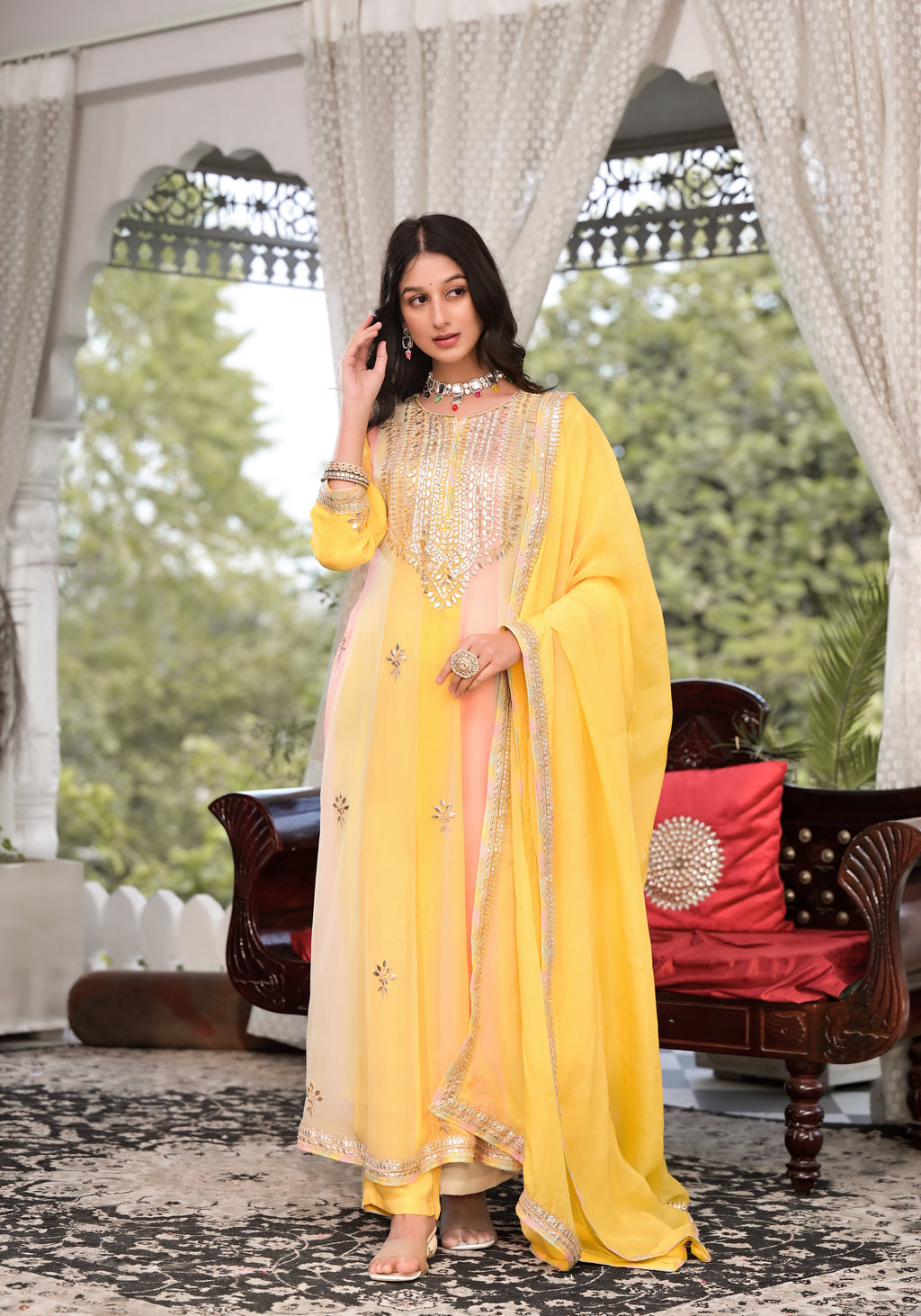 Noe Velarro Yellow Gota Patti Embroidered Banarsi Georgette Kurta Set with Organza Dupatta
