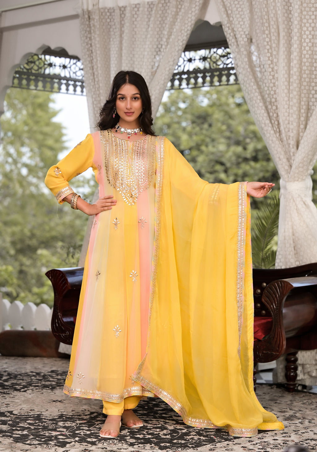 Noe Velarro Yellow Gota Patti Embroidered Banarsi Georgette Kurta Set with Organza Dupatta