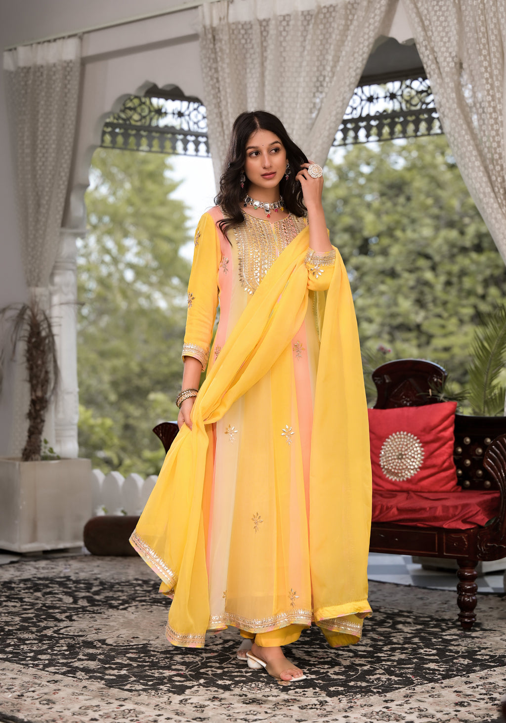 Noe Velarro Yellow Gota Patti Embroidered Banarsi Georgette Kurta Set with Organza Dupatta
