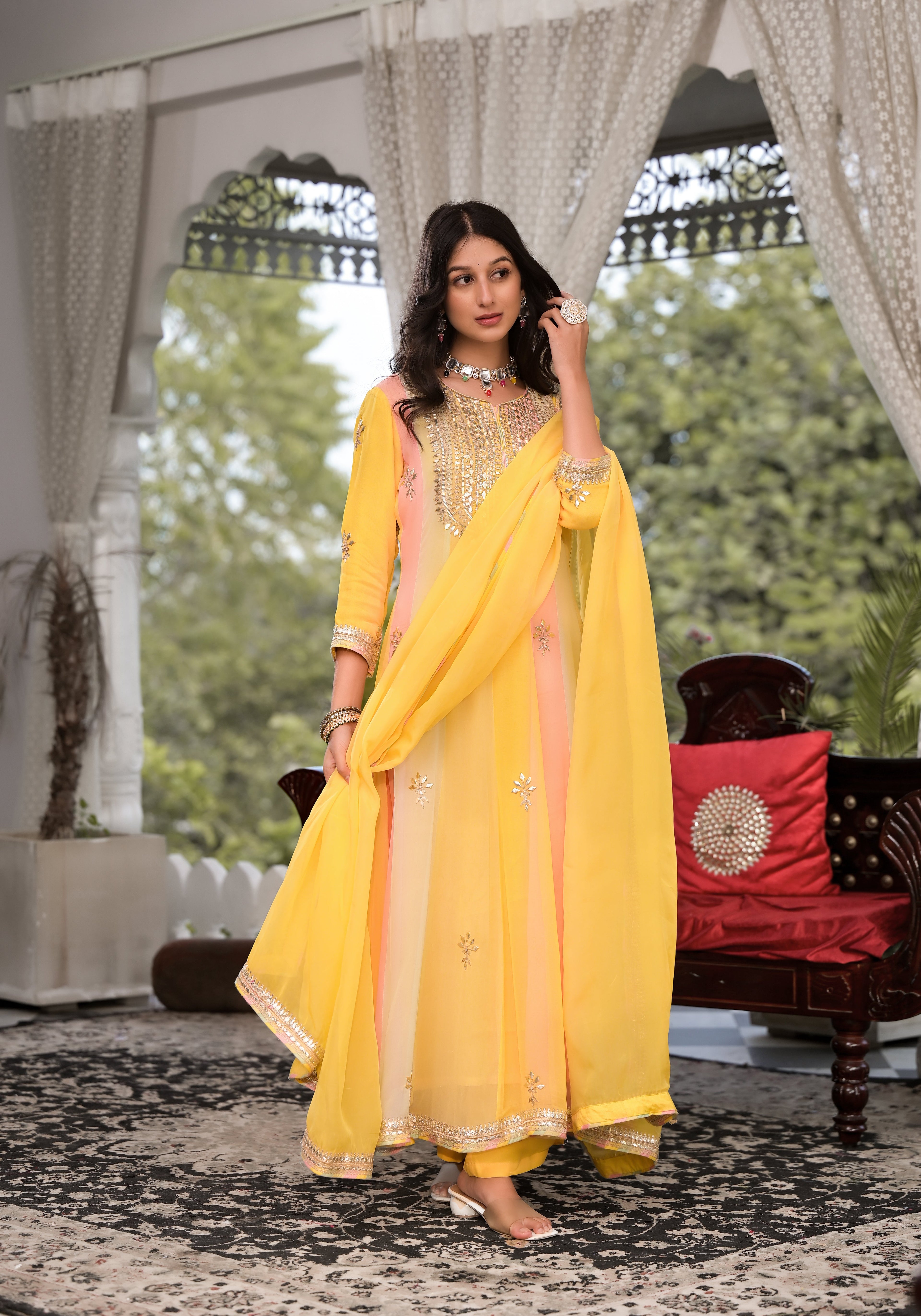 Noe Velarro Yellow Gota Patti Embroidered Banarsi Georgette Kurta Set with Organza Dupatta
