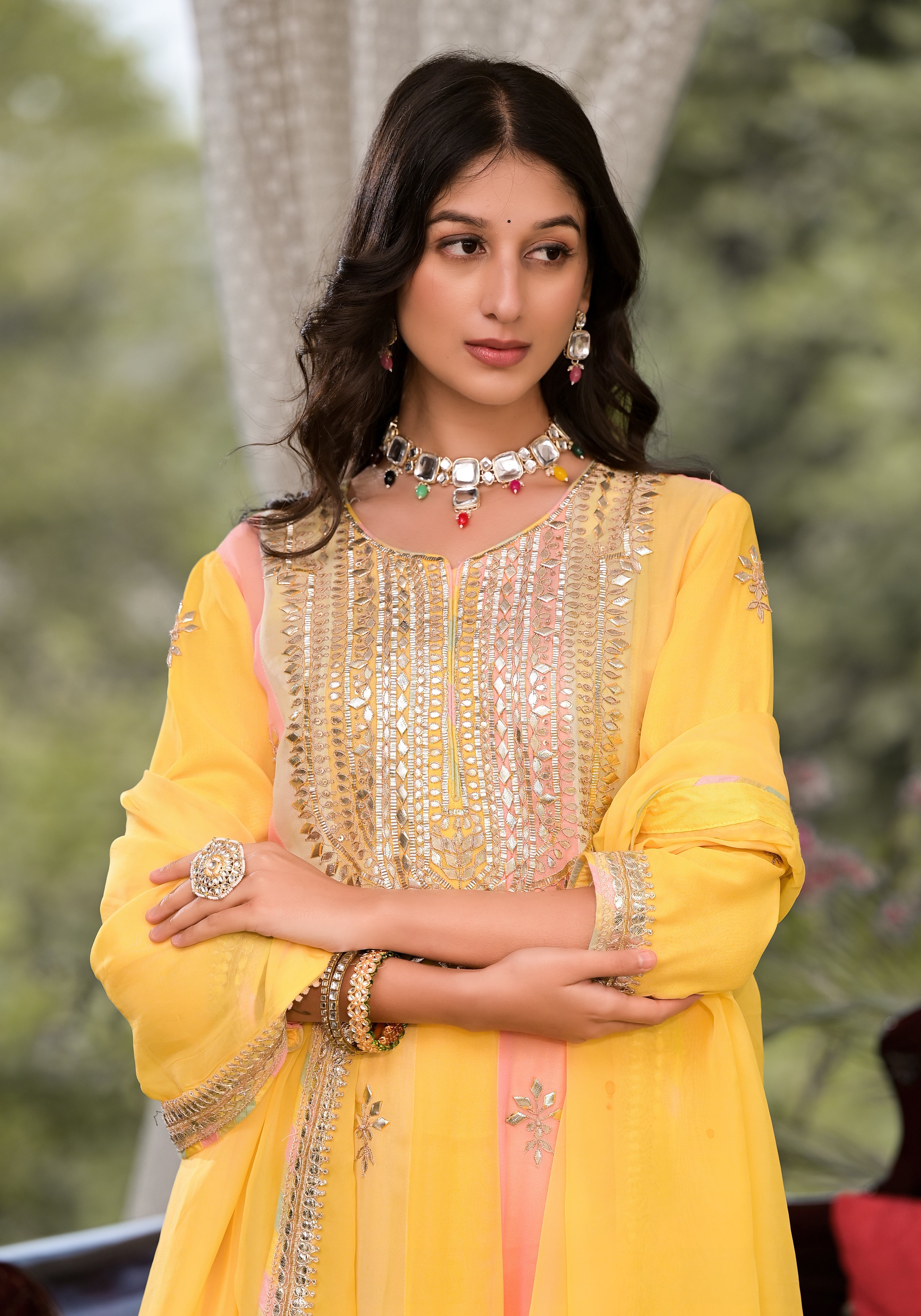 Noe Velarro Yellow Gota Patti Embroidered Banarsi Georgette Kurta Set with Organza Dupatta