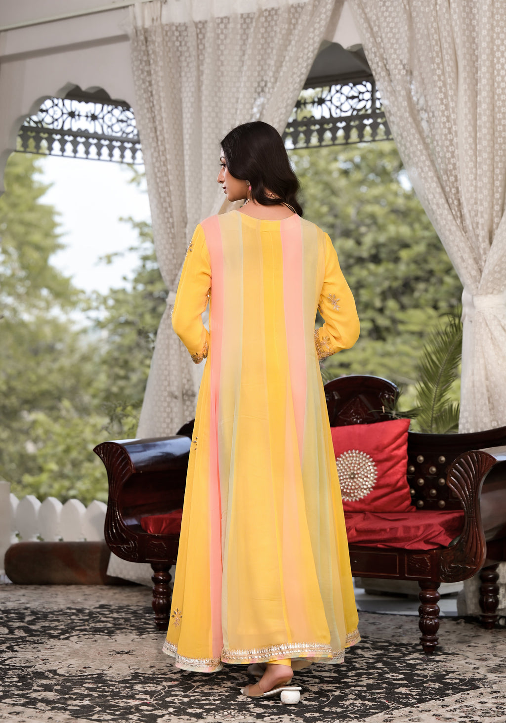 Noe Velarro Yellow Gota Patti Embroidered Banarsi Georgette Kurta Set with Organza Dupatta