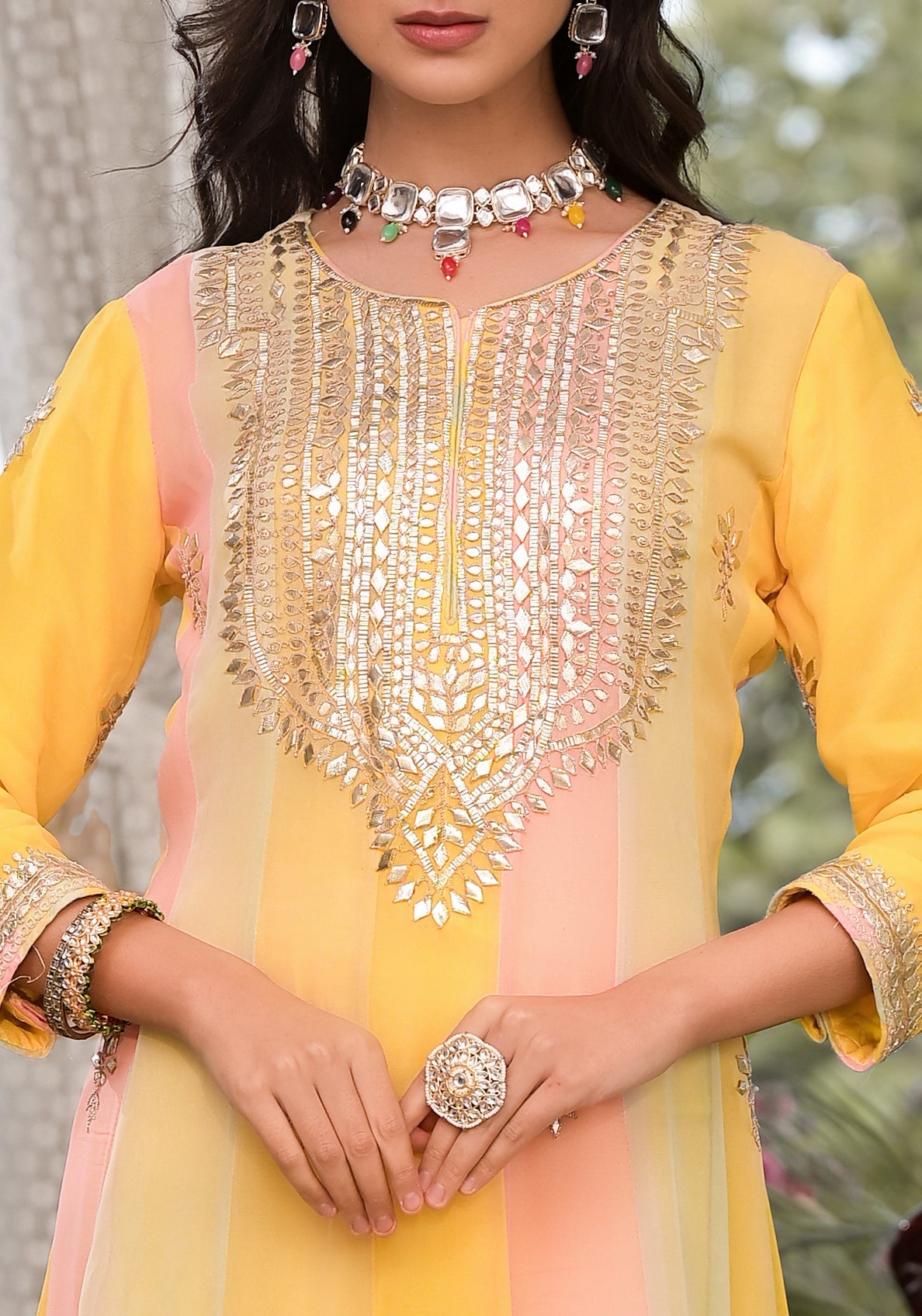 Noe Velarro Yellow Gota Patti Embroidered Banarsi Georgette Kurta Set with Organza Dupatta