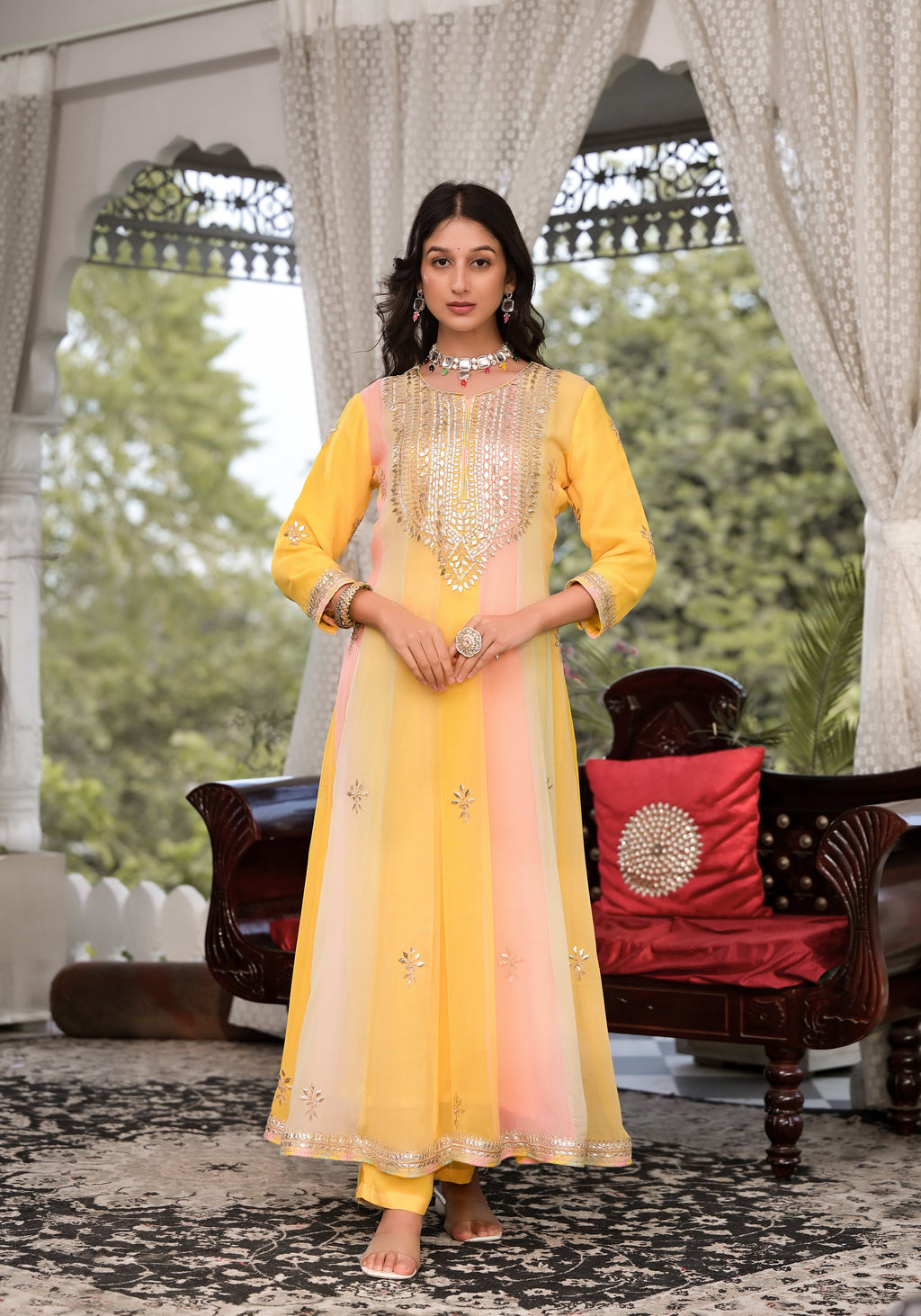 Noe Velarro Yellow Gota Patti Embroidered Banarsi Georgette Kurta Set with Organza Dupatta