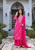 Noe Velarro Rani Pink Gota Patti Embroidered Bandhani Print Chinon Kurta Set with shiffon Dupatta