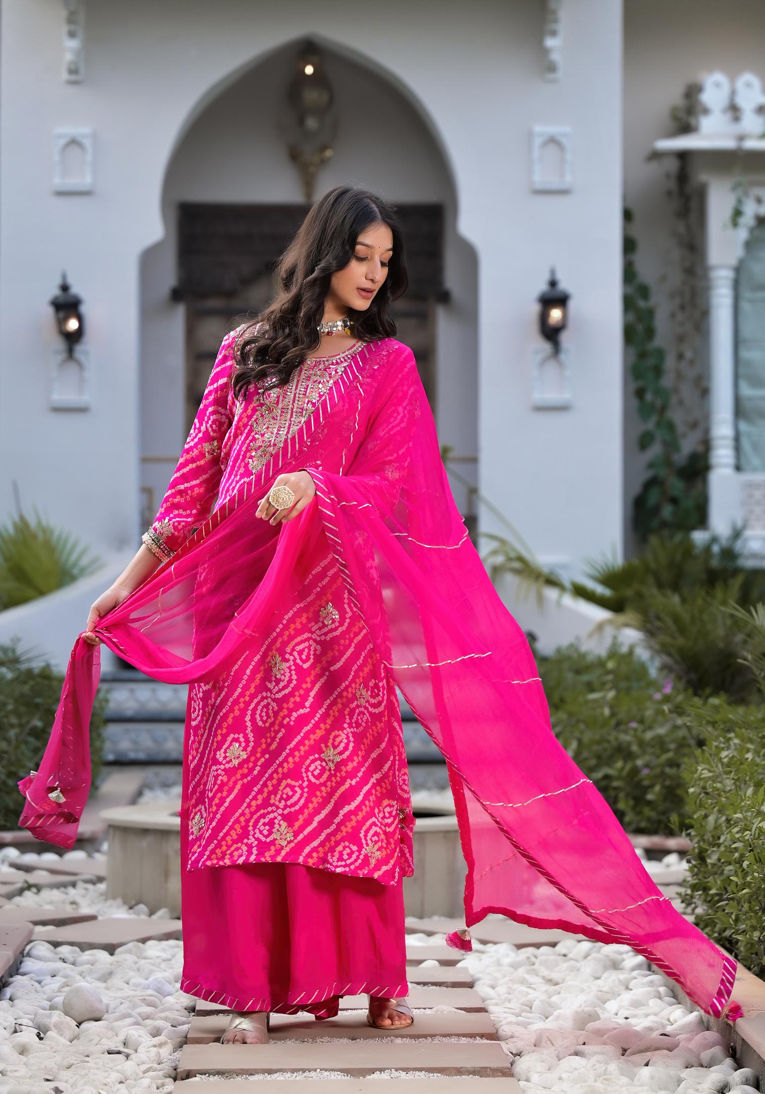 Noe Velarro Rani Pink Gota Patti Embroidered Bandhani Print Chinon Kurta Set with shiffon Dupatta