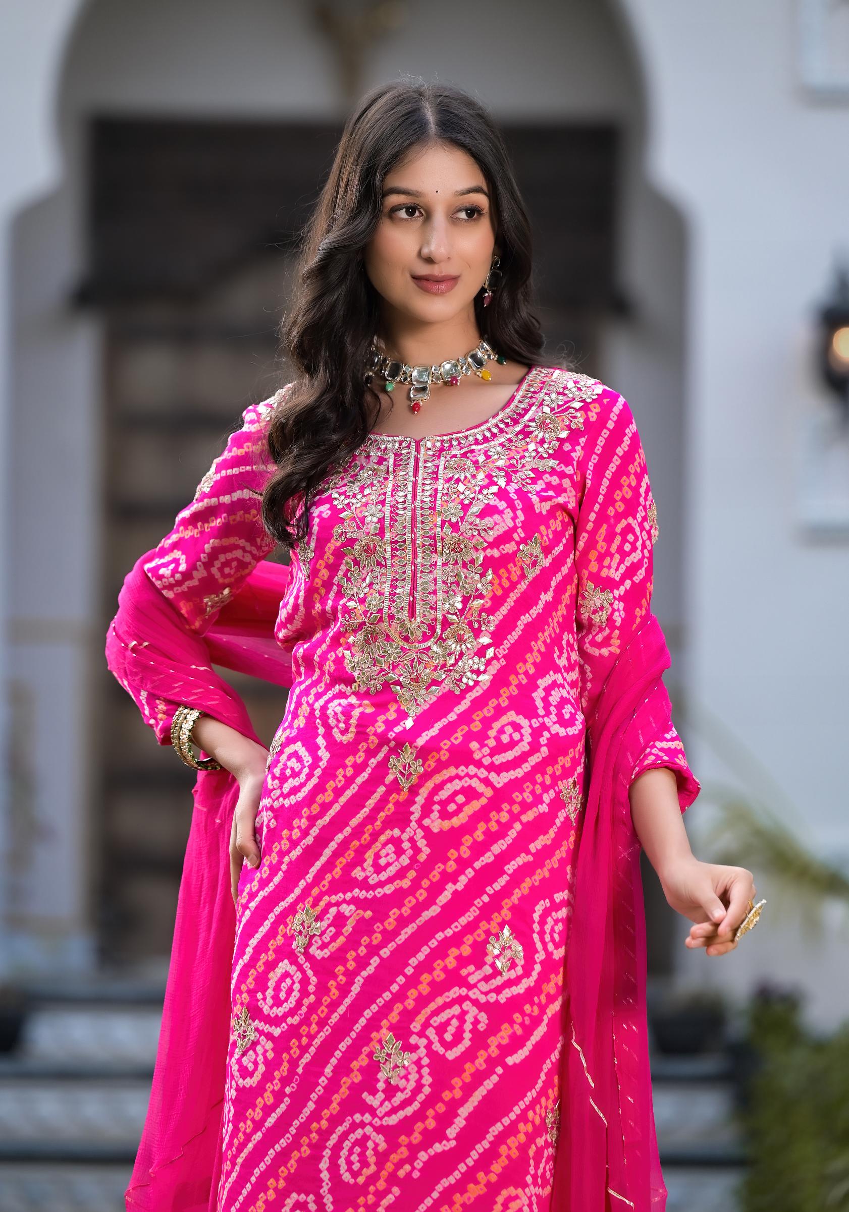 Noe Velarro Rani Pink Gota Patti Embroidered Bandhani Print Chinon Kurta Set with shiffon Dupatta