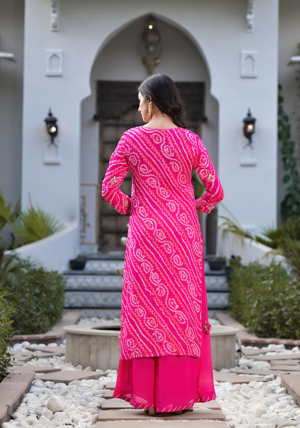 Noe Velarro Rani Pink Gota Patti Embroidered Bandhani Print Chinon Kurta Set with shiffon Dupatta