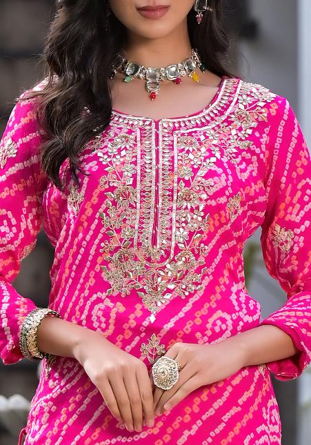 Noe Velarro Rani Pink Gota Patti Embroidered Bandhani Print Chinon Kurta Set with shiffon Dupatta