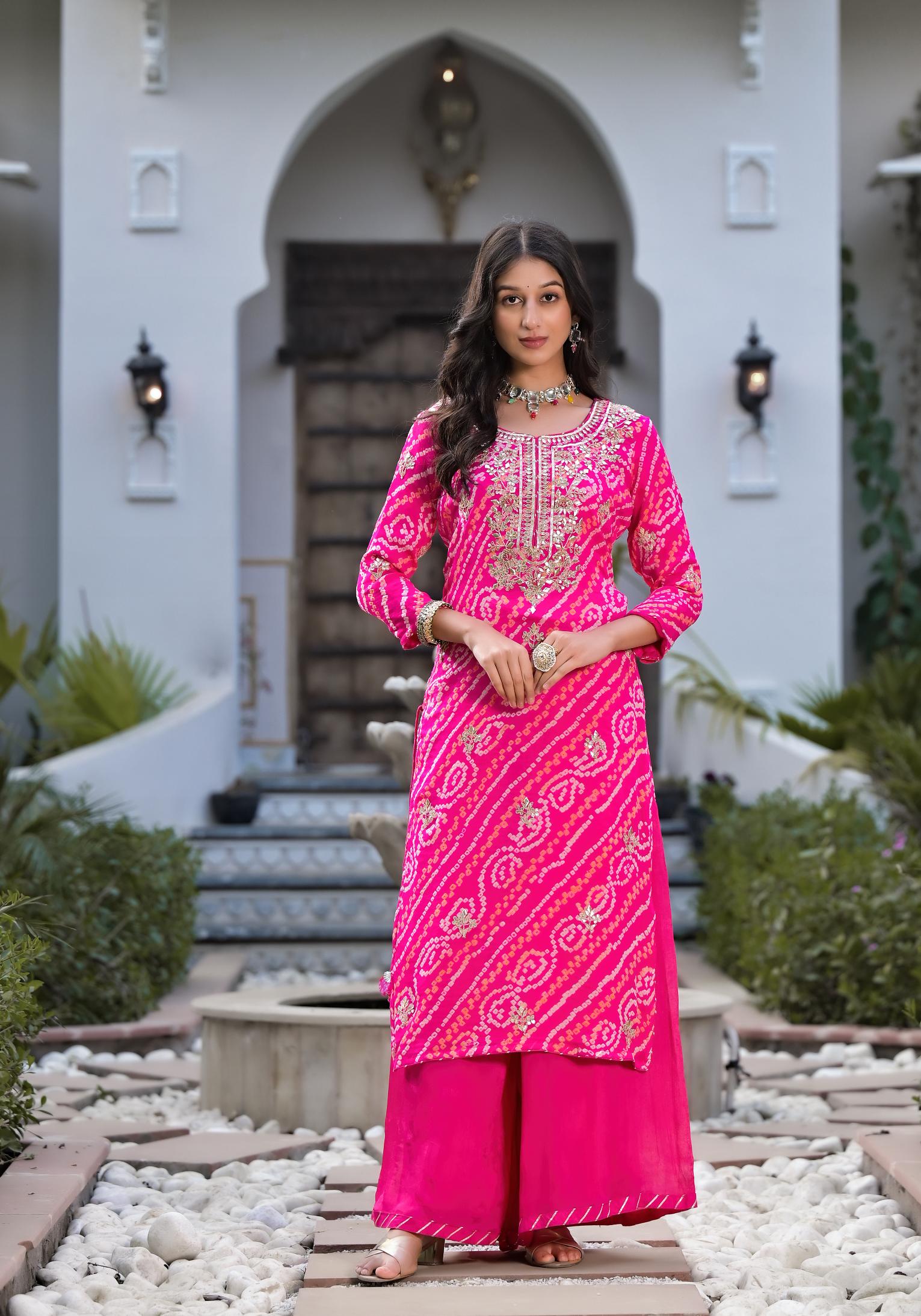 Noe Velarro Rani Pink Gota Patti Embroidered Bandhani Print Chinon Kurta Set with shiffon Dupatta