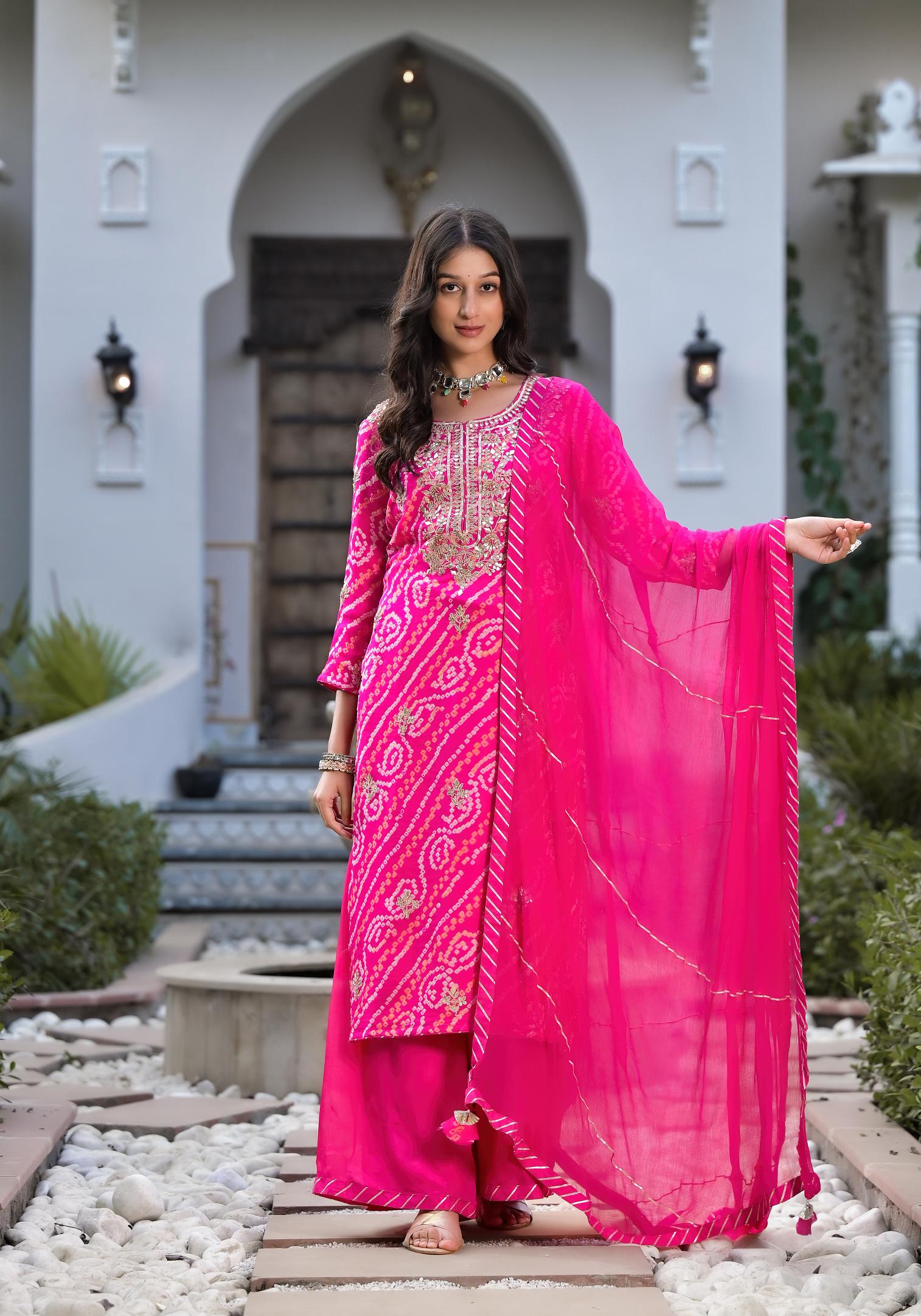 Noe Velarro Rani Pink Gota Patti Embroidered Bandhani Print Chinon Kurta Set with shiffon Dupatta