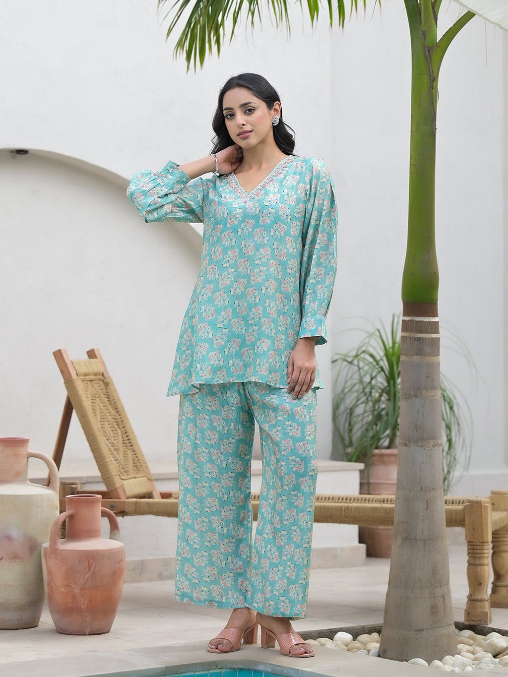 Noe Velarro Green Embroidered V-Neck Top With Trousers Co-Ords