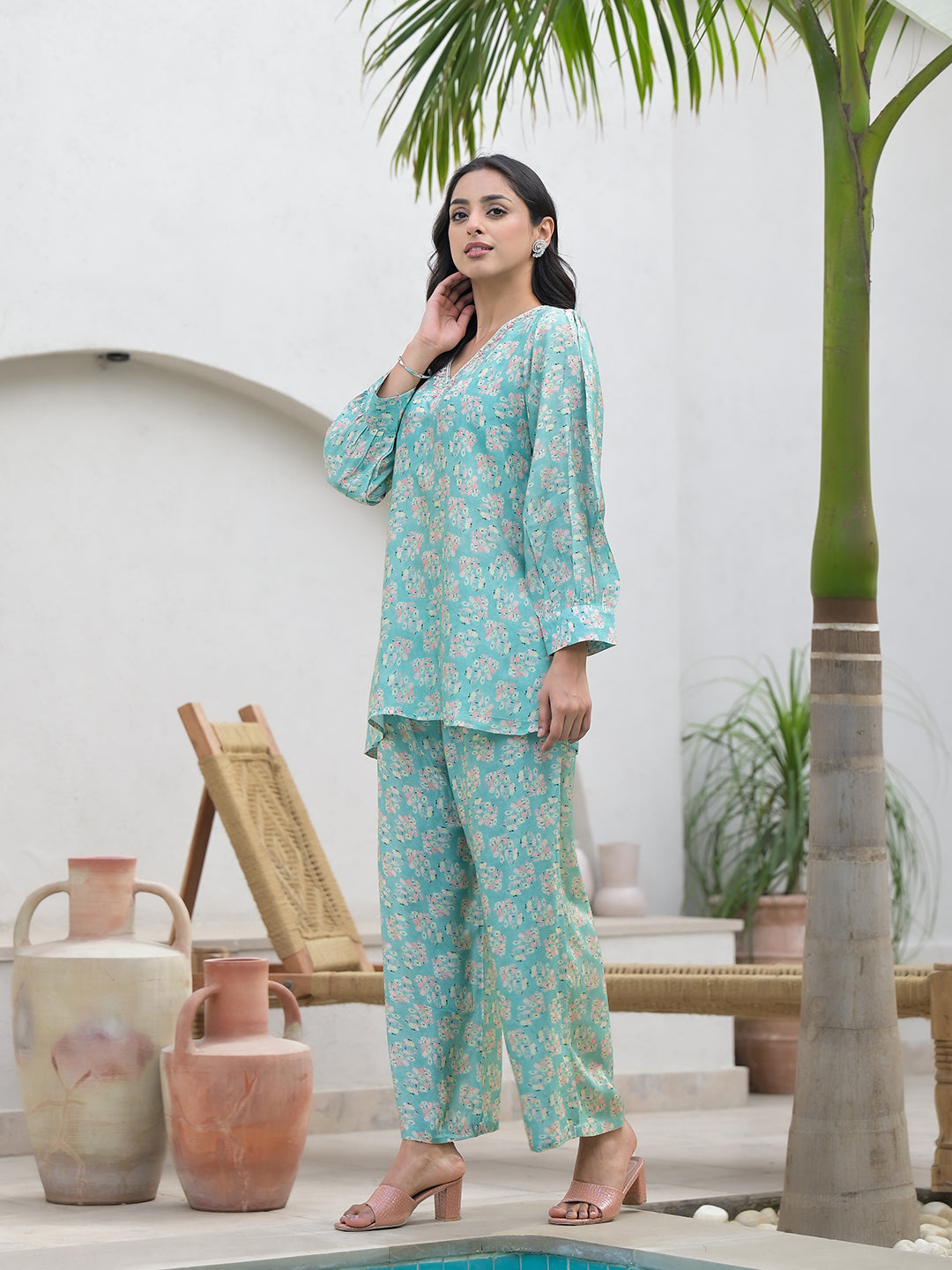 Noe Velarro Green Embroidered V-Neck Top With Trousers Co-Ords