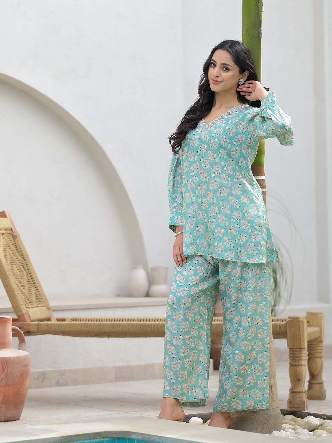 Noe Velarro Green Embroidered V-Neck Top With Trousers Co-Ords