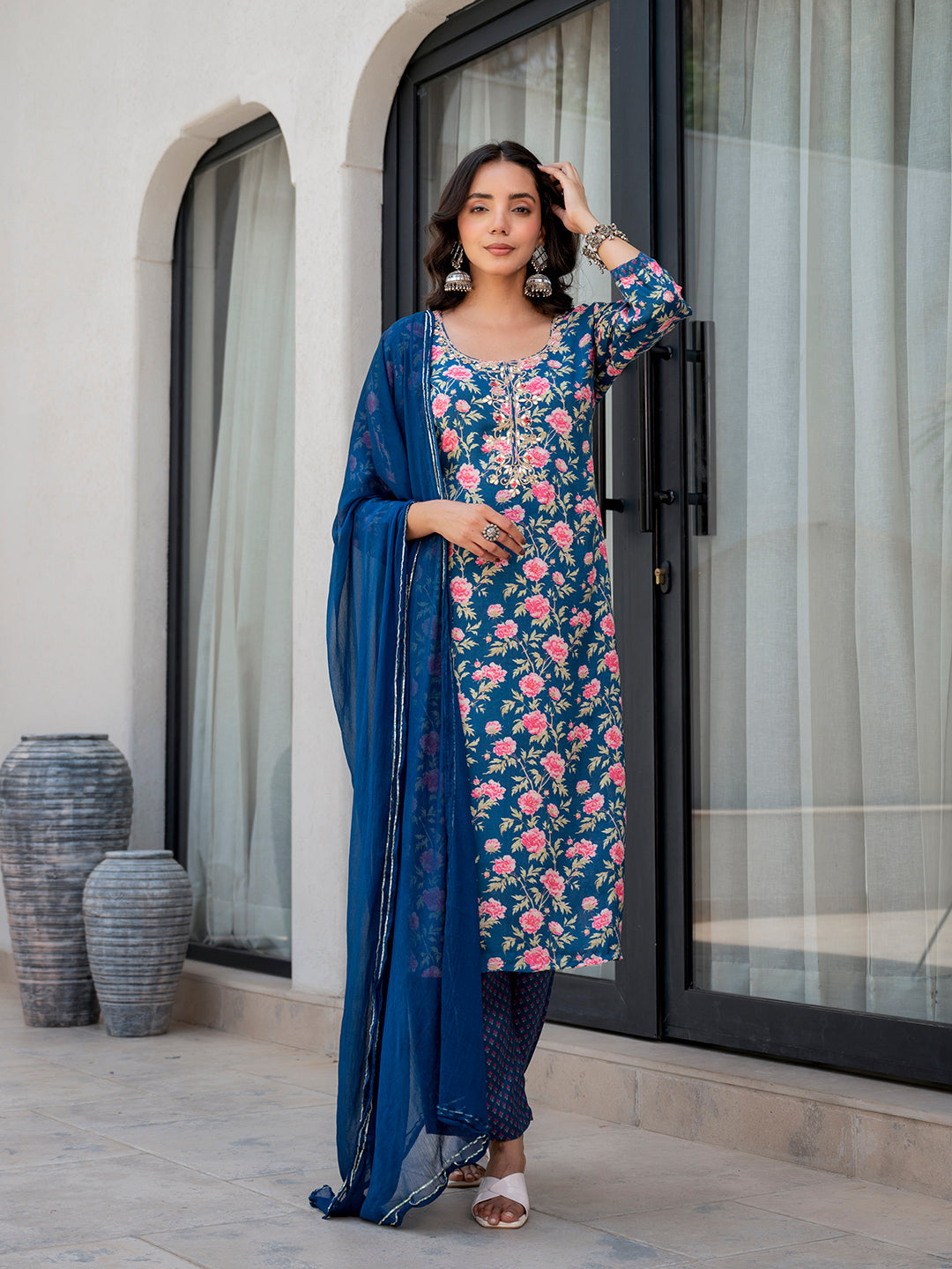 Noe Velarro Blue Embroidered Floral Print Muslin Kurta Set