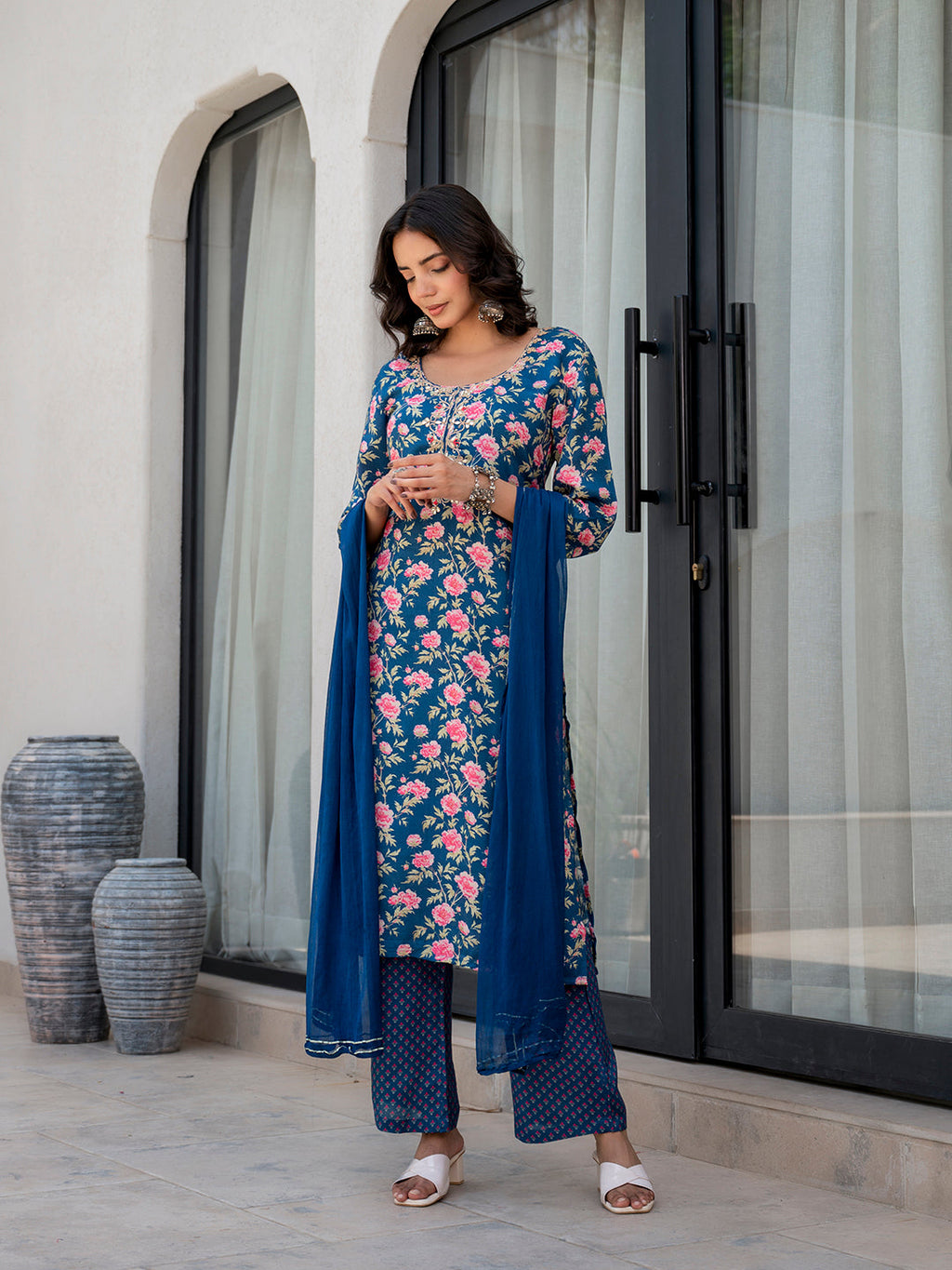 Noe Velarro Blue Embroidered Floral Print Muslin Kurta Set