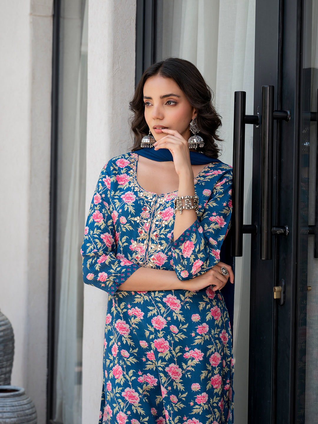 Noe Velarro Blue Embroidered Floral Print Muslin Kurta Set