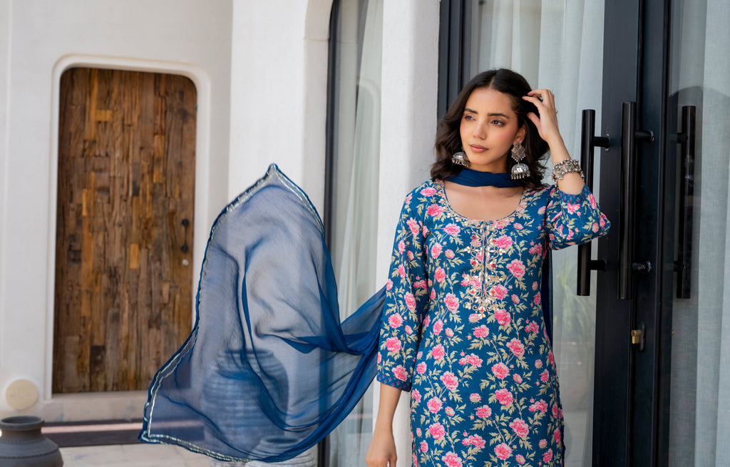Noe Velarro Blue Embroidered Floral Print Muslin Kurta Set