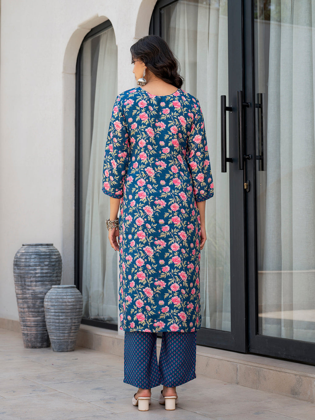 Noe Velarro Blue Embroidered Floral Print Muslin Kurta Set