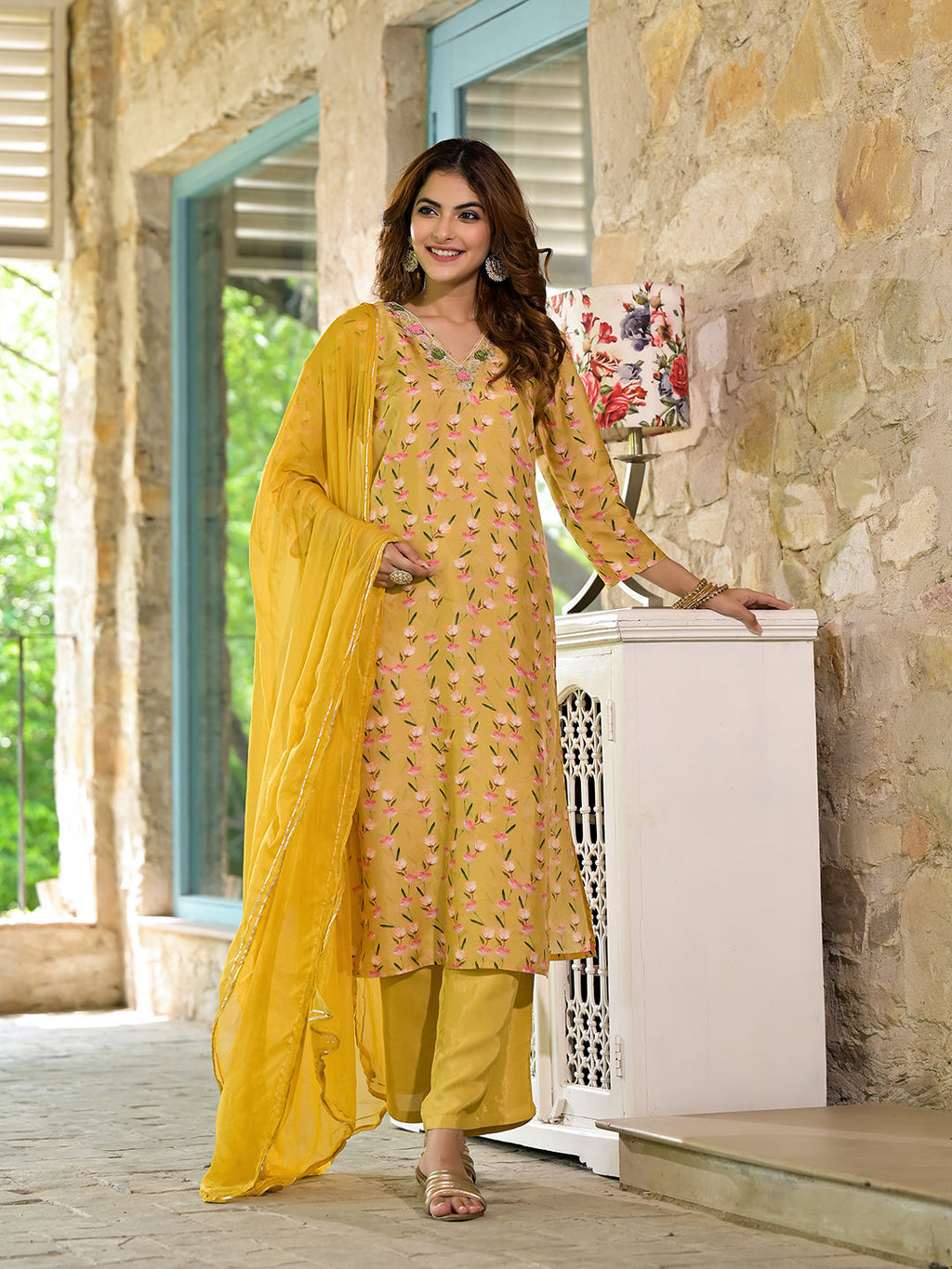 Noe Velarro Yellow Floral Printed Bead Work Muslin Kurta Set