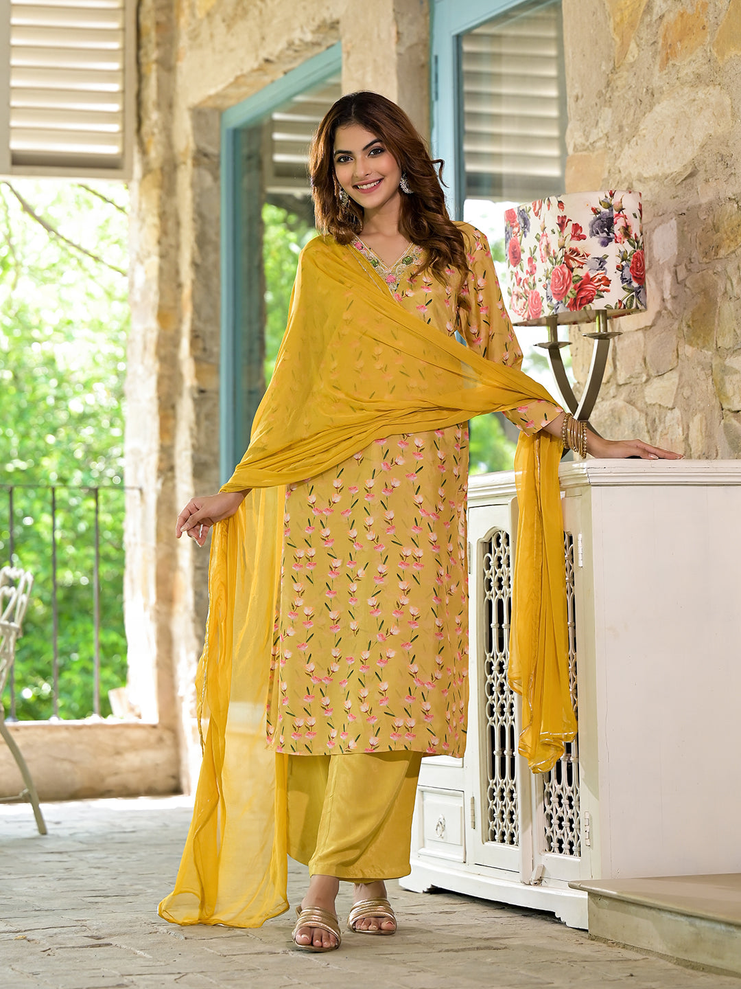 Noe Velarro Yellow Floral Printed Bead Work Muslin Kurta Set