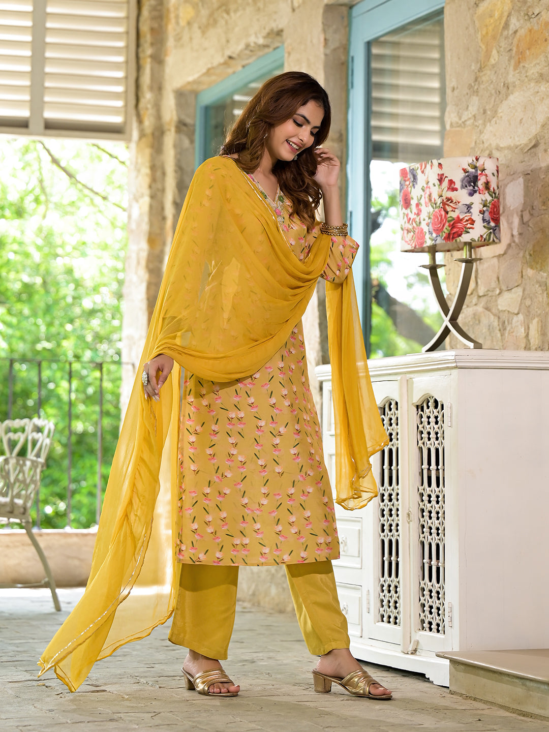 Noe Velarro Yellow Floral Printed Bead Work Muslin Kurta Set