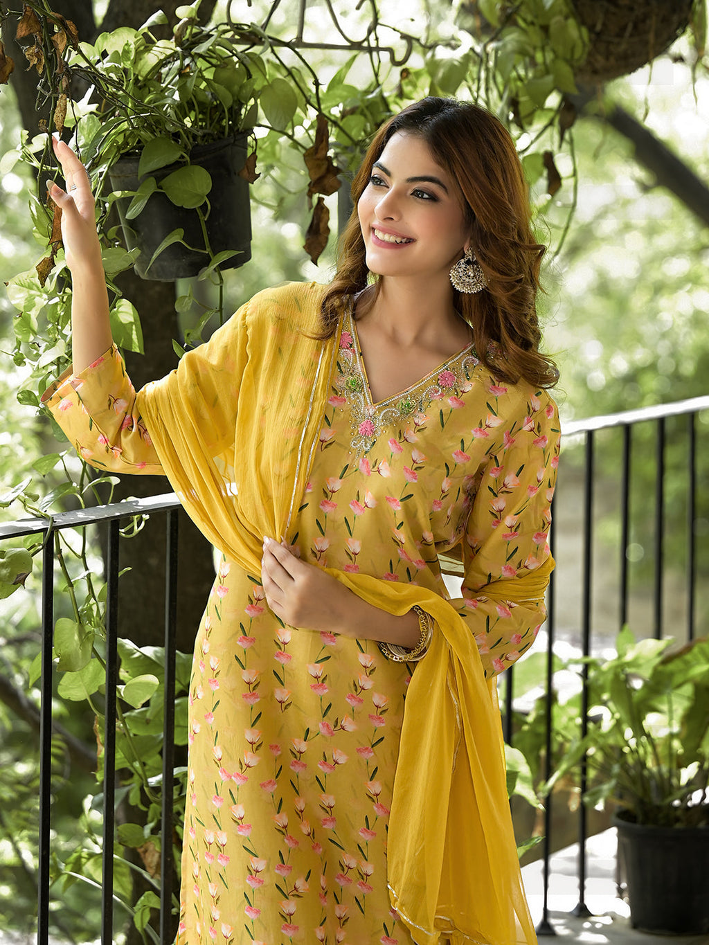 Noe Velarro Yellow Floral Printed Bead Work Muslin Kurta Set