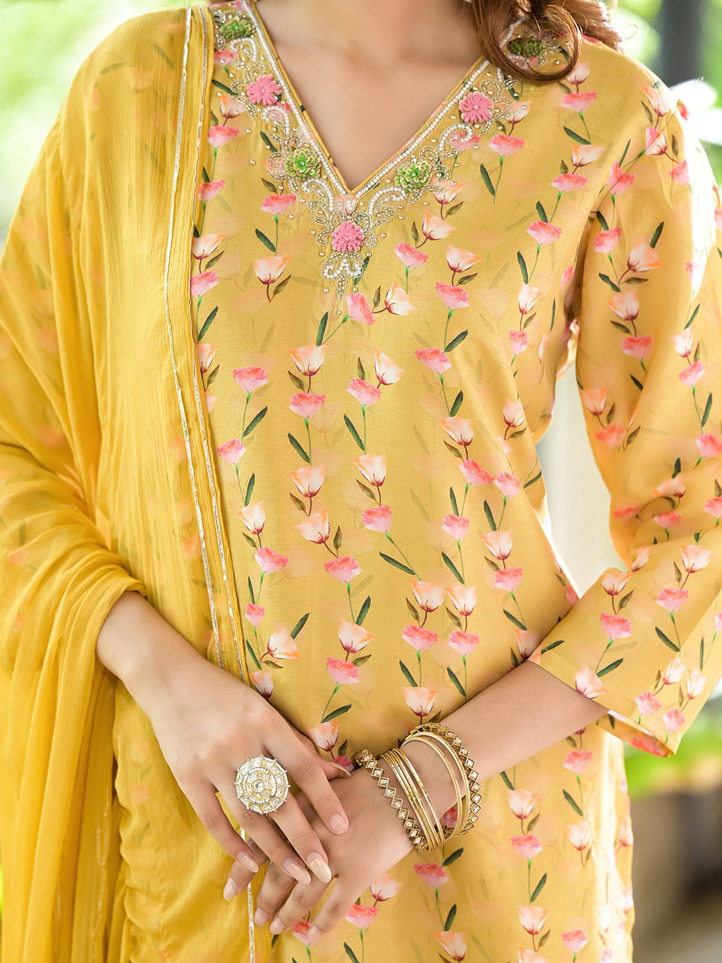 Noe Velarro Yellow Floral Printed Bead Work Muslin Kurta Set