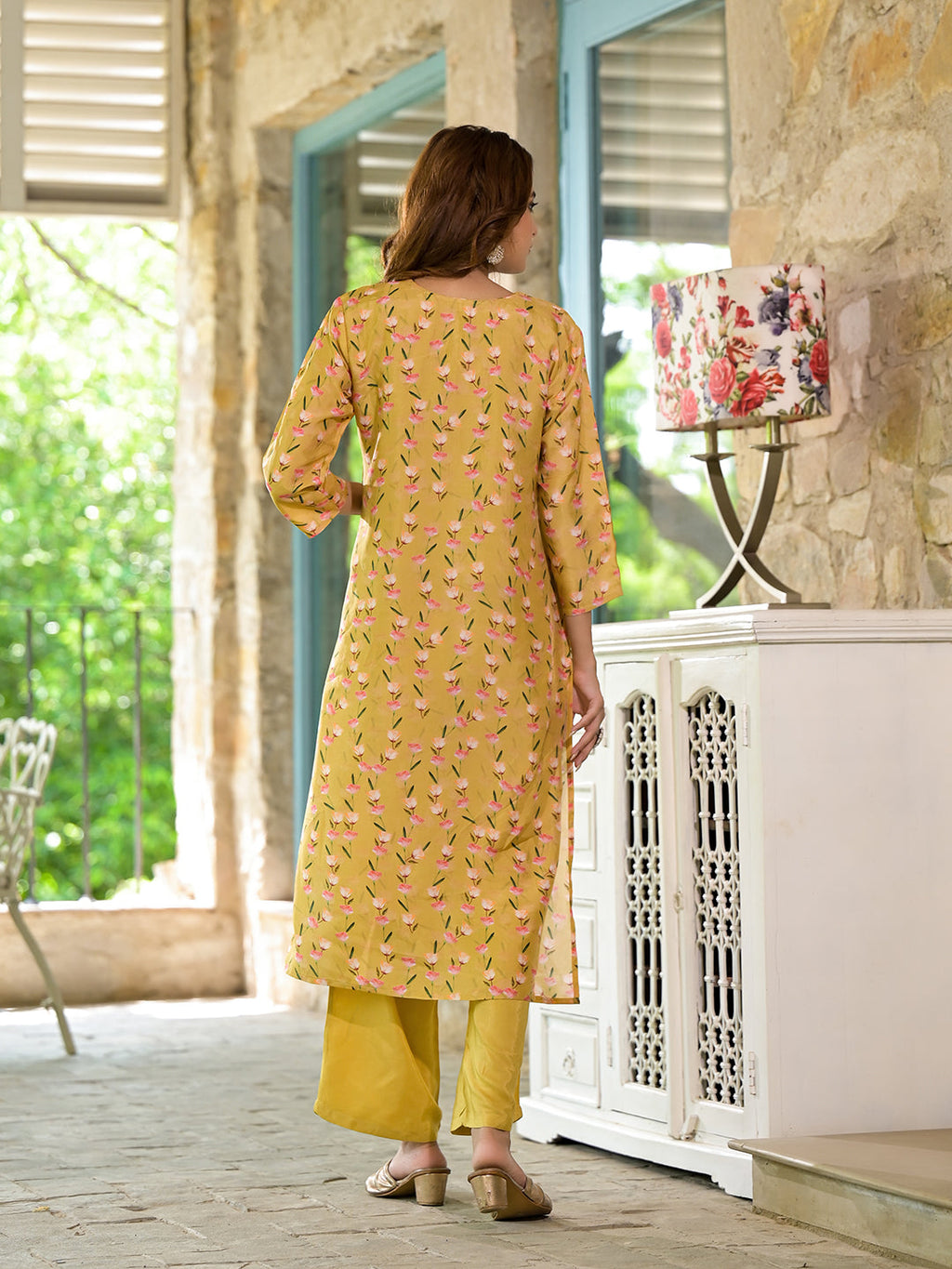 Noe Velarro Yellow Floral Printed Bead Work Muslin Kurta Set