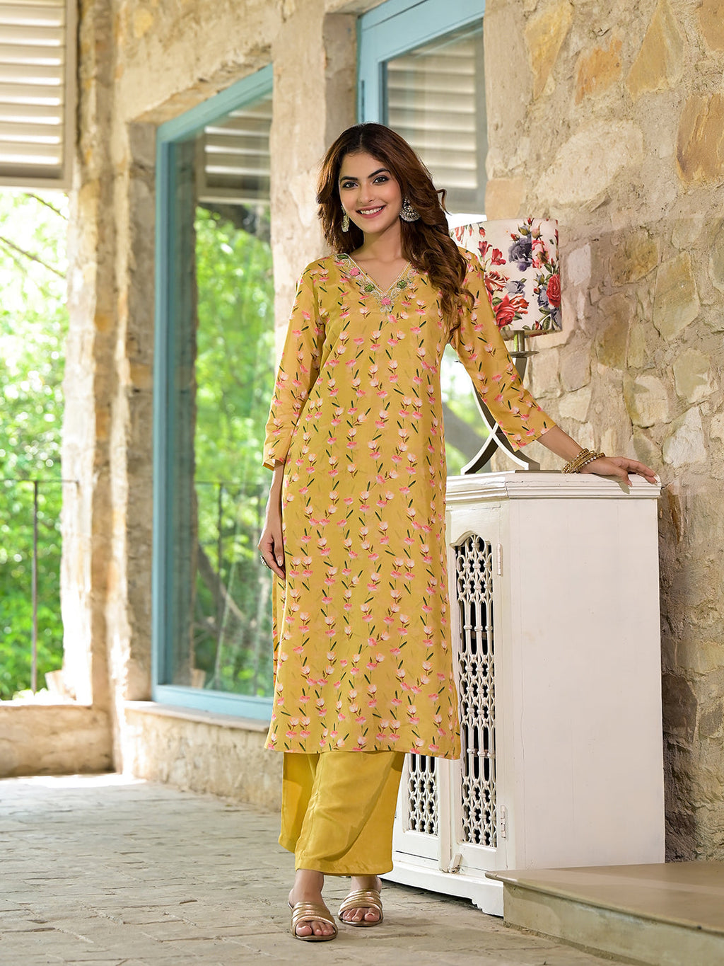 Noe Velarro Yellow Floral Printed Bead Work Muslin Kurta Set