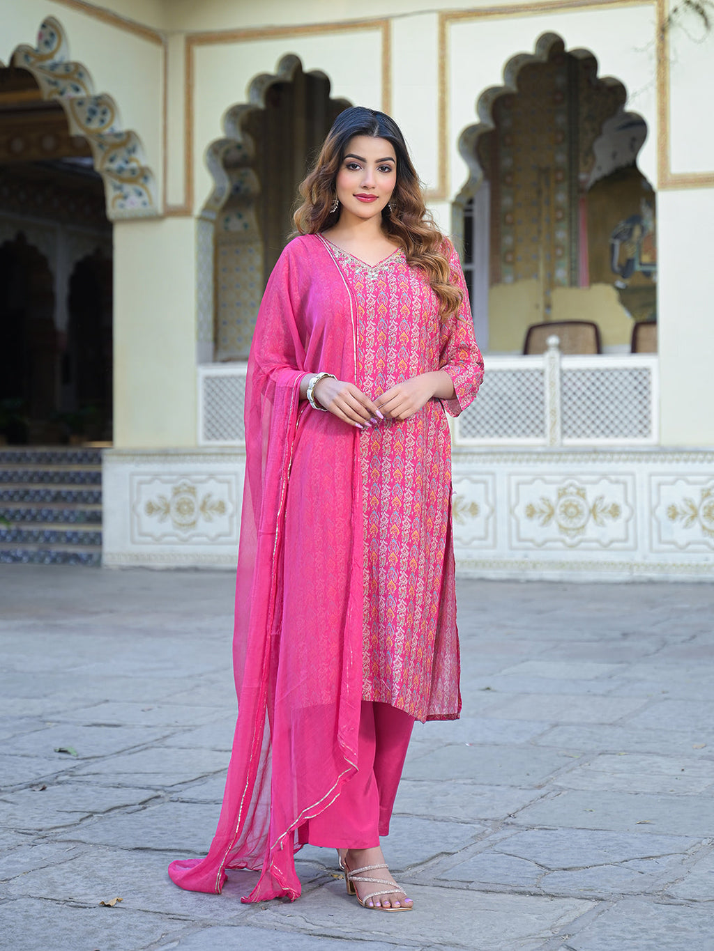Noe Velarro Pink Floral Printed Muslin Straight Kurta Pant with Dupatta