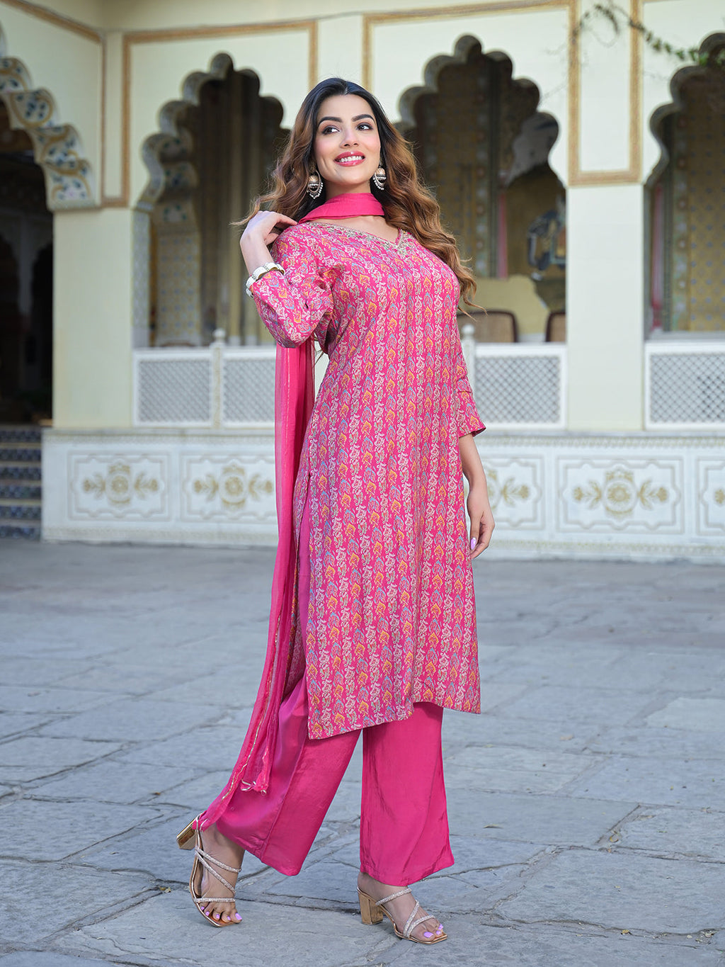 Noe Velarro Pink Floral Printed Muslin Straight Kurta Pant with Dupatta