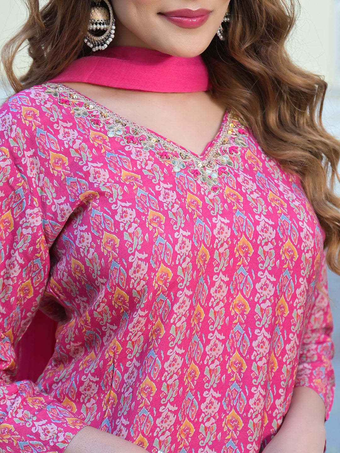 Noe Velarro Pink Floral Printed Muslin Straight Kurta Pant with Dupatta