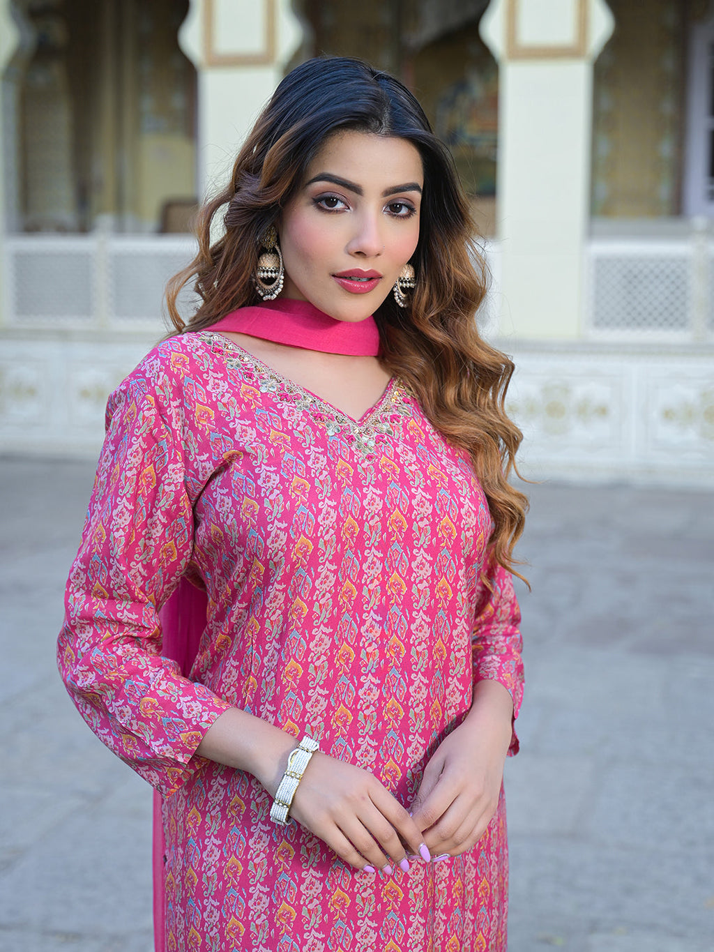 Noe Velarro Pink Floral Printed Muslin Straight Kurta Pant with Dupatta