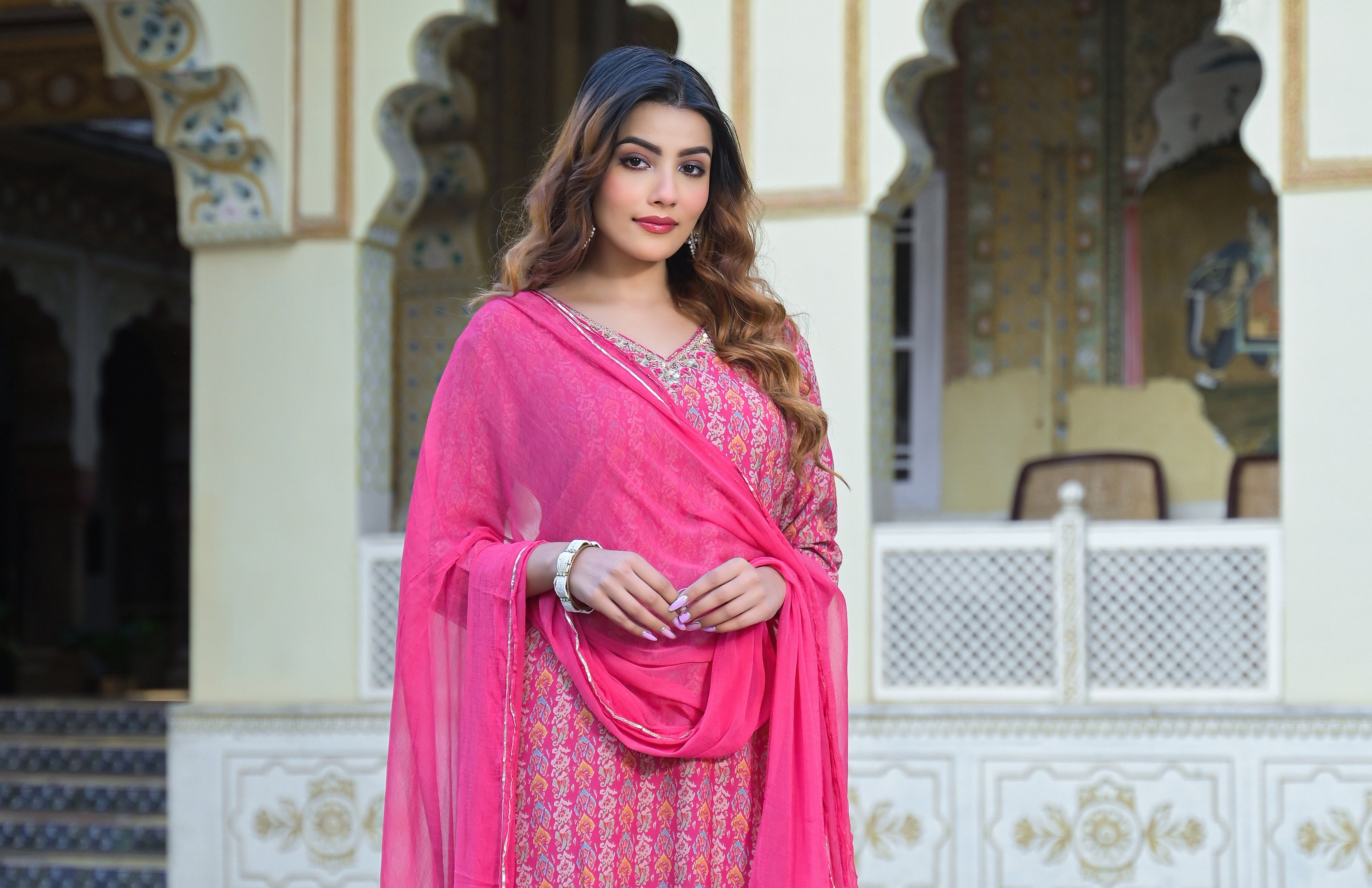 Noe Velarro Pink Floral Printed Muslin Straight Kurta Pant with Dupatta