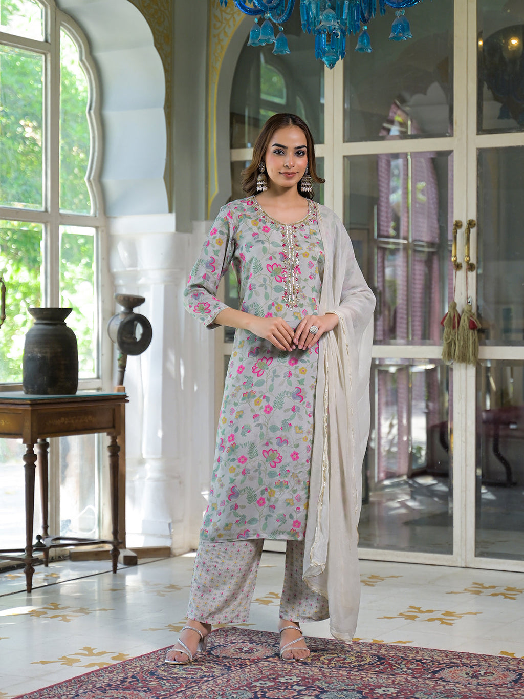 Noe Velarro Light Grey Floral Print Muslin Kurta Trouser with Dupatta