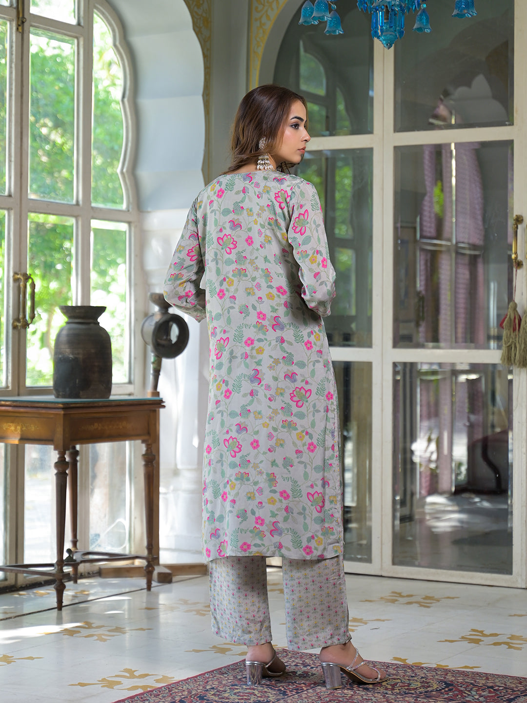 Noe Velarro Light Grey Floral Print Muslin Kurta Trouser with Dupatta