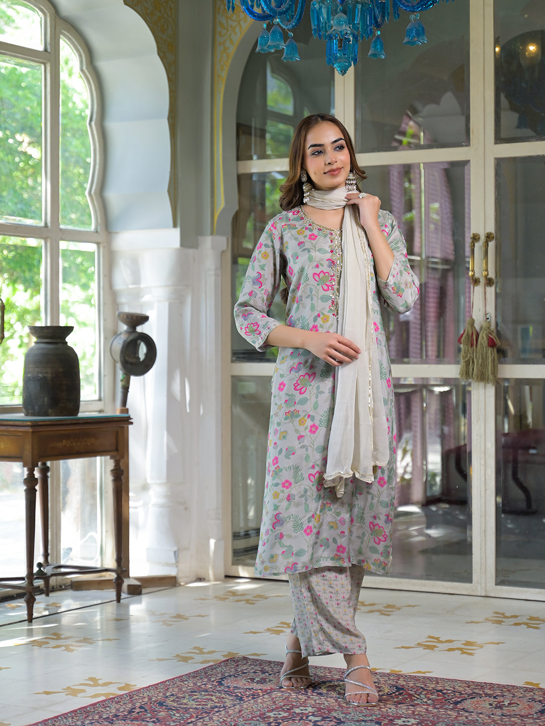Noe Velarro Light Grey Floral Print Muslin Kurta Trouser with Dupatta