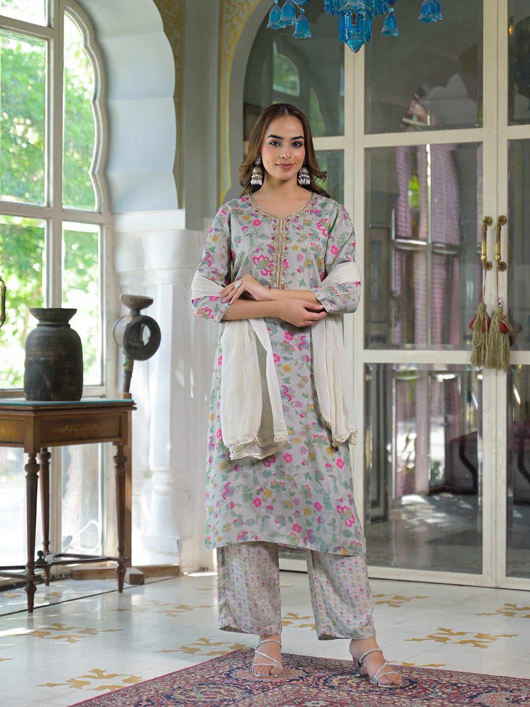 Noe Velarro Light Grey Floral Print Muslin Kurta Trouser with Dupatta