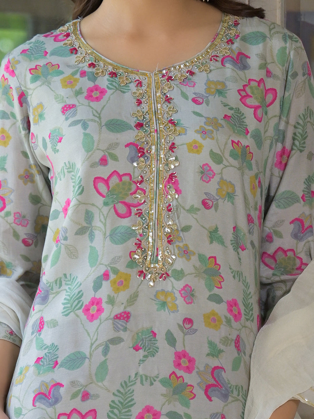 Noe Velarro Light Grey Floral Print Muslin Kurta Trouser with Dupatta