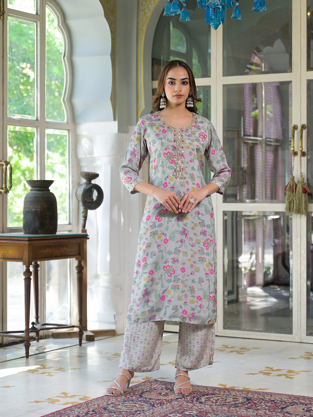 Noe Velarro Light Grey Floral Print Muslin Kurta Trouser with Dupatta