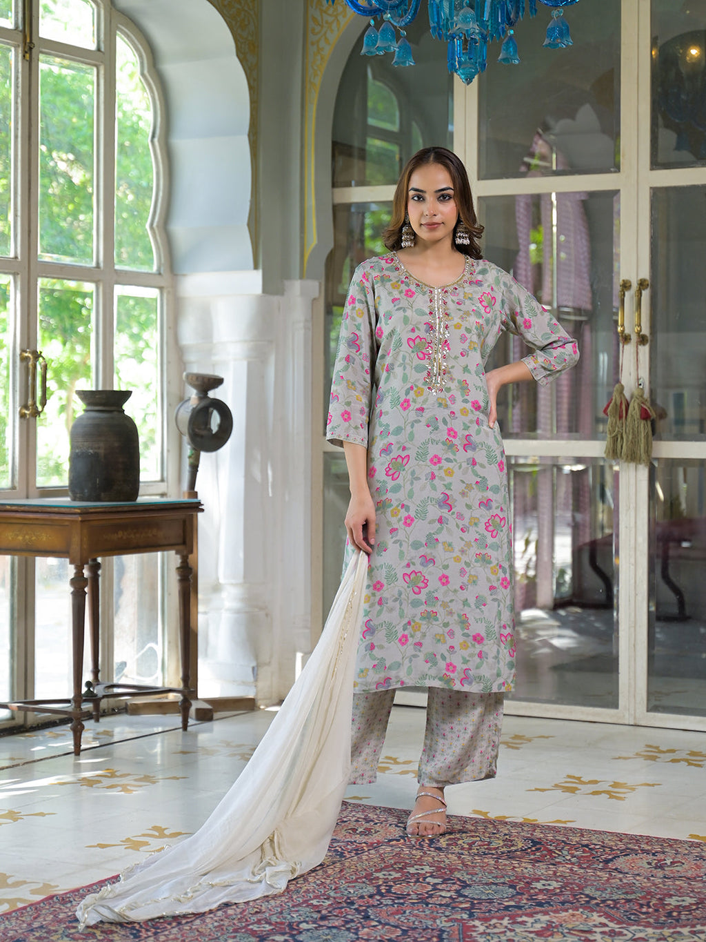 Noe Velarro Light Grey Floral Print Muslin Kurta Trouser with Dupatta