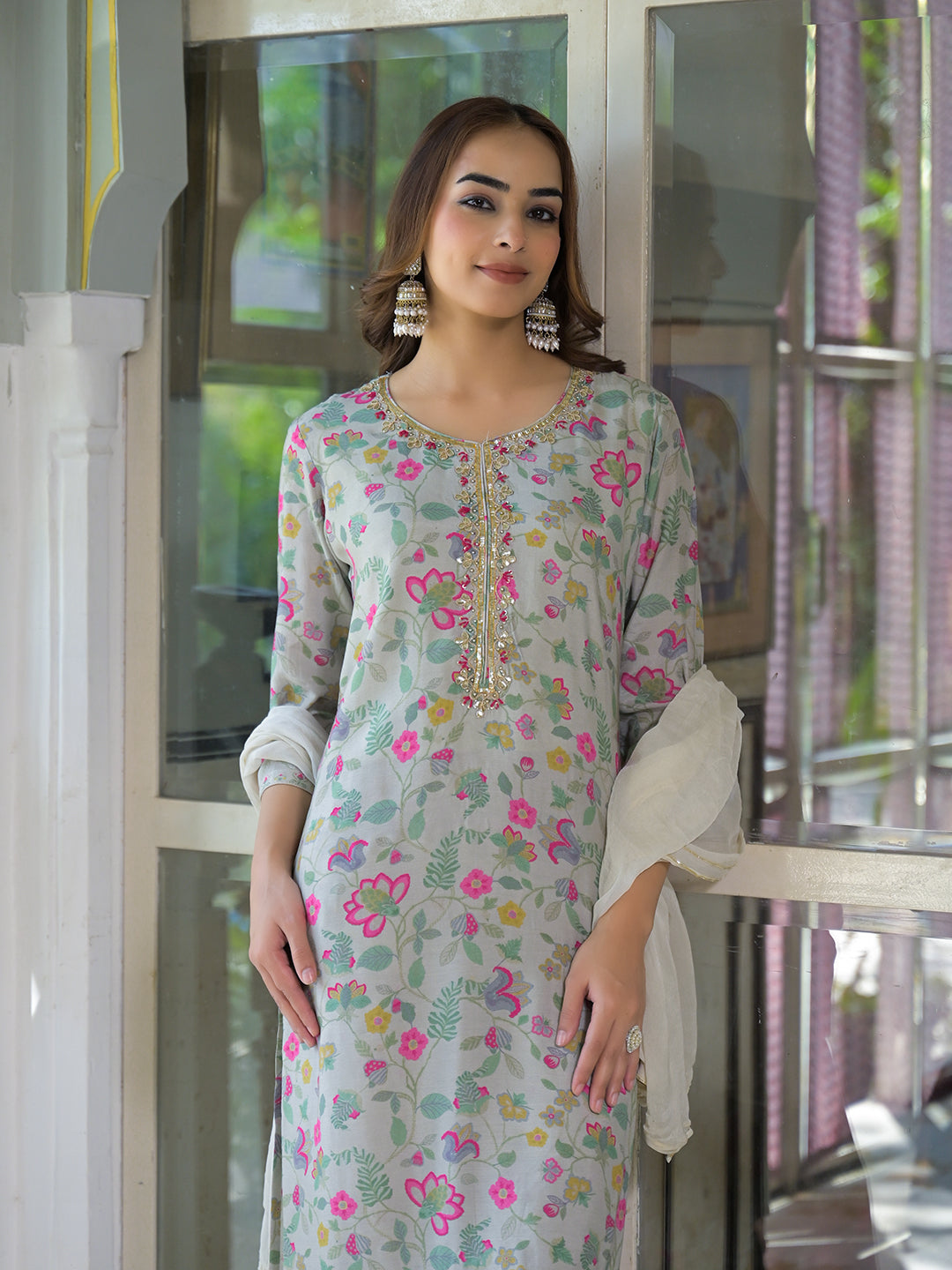 Noe Velarro Light Grey Floral Print Muslin Kurta Trouser with Dupatta